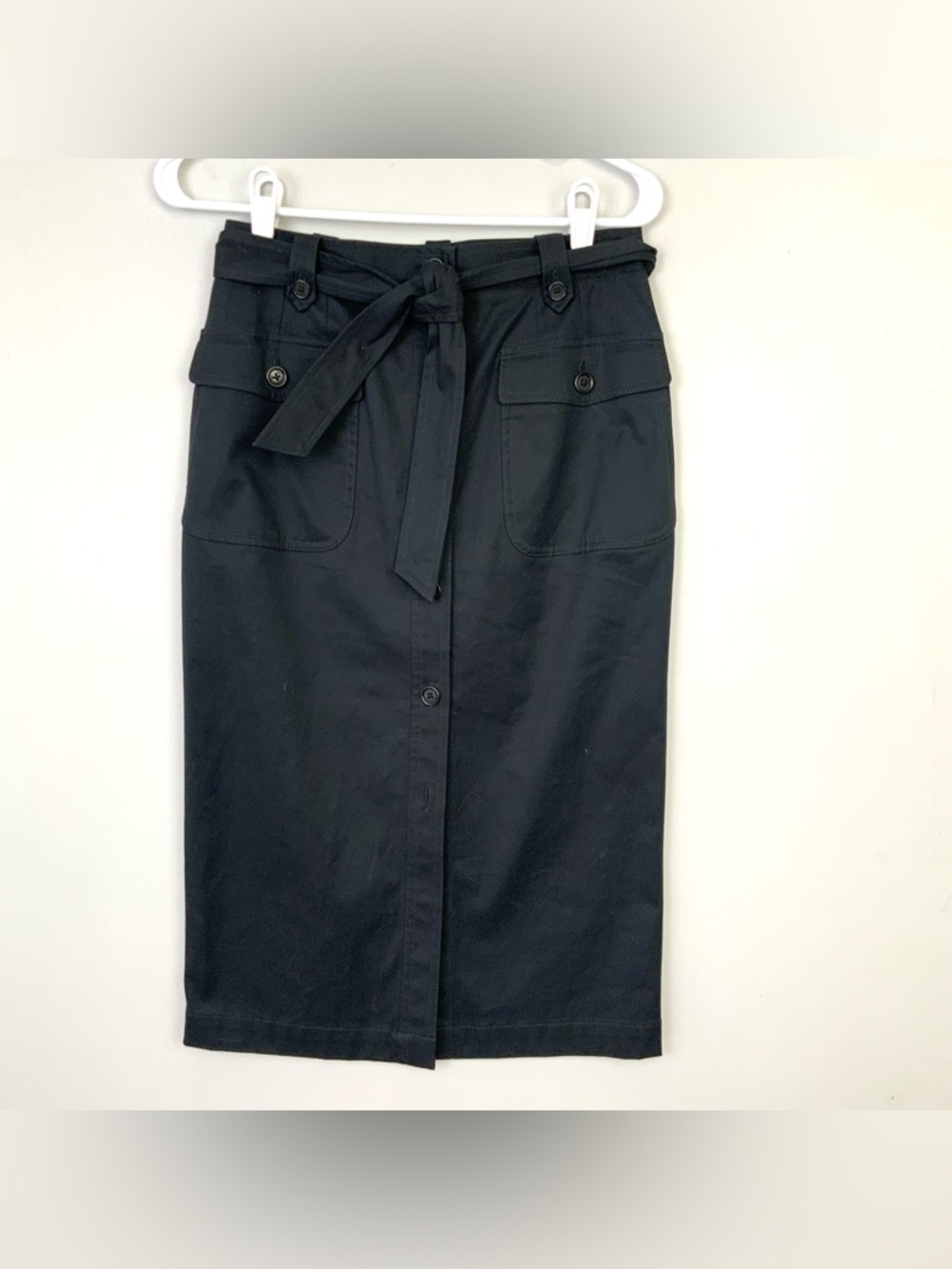 NWT Faconnable Sz 2 Black Button Front Belted Pockets Pencil Midi Skirt Safari